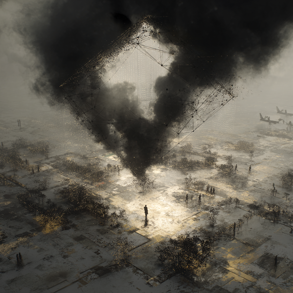 A chaotic airport with grounded planes shadowed by a floating polygonal drone, shining jewels vanish into dark mist, digital locks and ancient architecture merge, tense calm above a fractured map