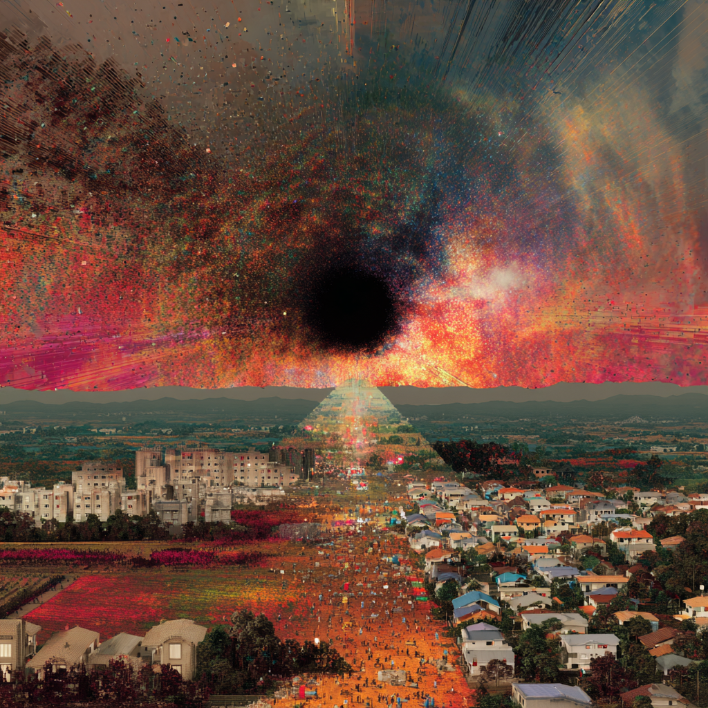 A digital cityscape split in two halves a peaceful side glowing with hope and a chaotic side filled with surveillance drones and stolen treasures under swirling cosmic anomalies in the sky