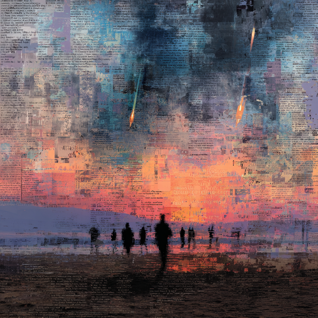 A digital landscape where AI symbols merge with old newspapers fading into code a silhouette of mass protests forms in the sky with distant missile shapes reflecting tension and global unrest