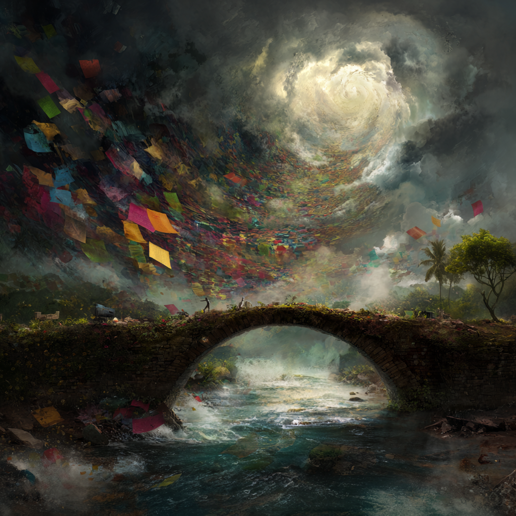 A dramatic bridge crossing over a wild river, a stolen gemstone floating midair, climate protests with colorful banners, and swirling hurricane clouds approaching a vibrant tropical island