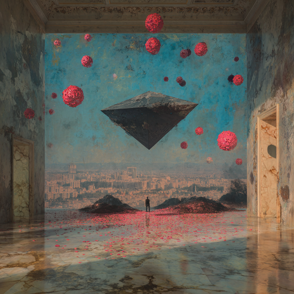 A futuristic airport disrupted by a giant hovering drone, jewel-like lottery balls floating above, a crown shattered on marble, shadows of cyber warfare flicker across global landmarks