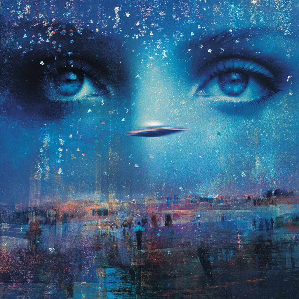 A futuristic airport frozen in time by a hovering drone, shimmering stolen jewels floating above, digital cat eyes scanning for hidden threats, deep blue night sky filled with glitching stars
