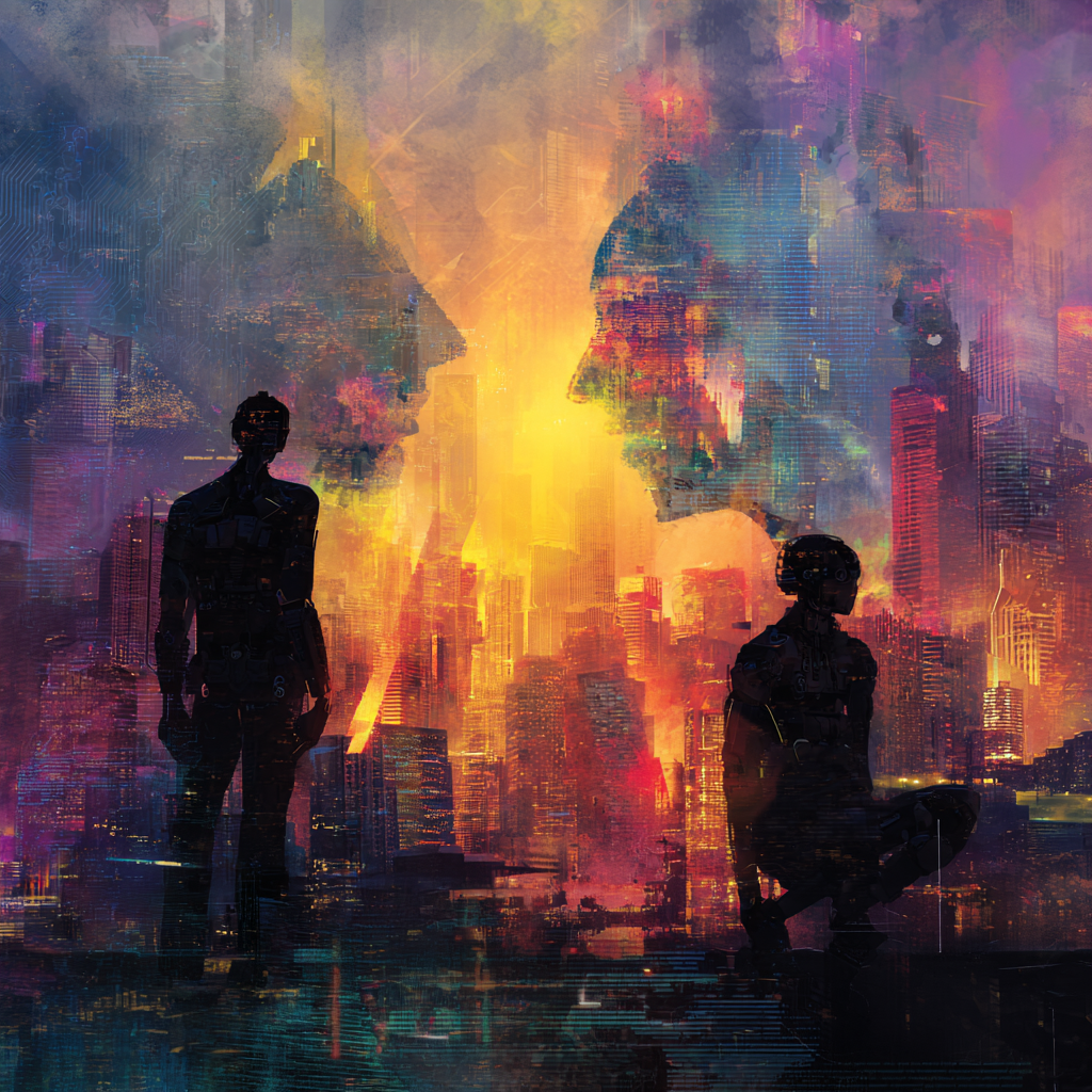 A futuristic cityscape with AI-powered web browsers, robots replacing workers, hackers accessing smart solar panels, and debate about the role of AI in society, digital glow, dynamic energy