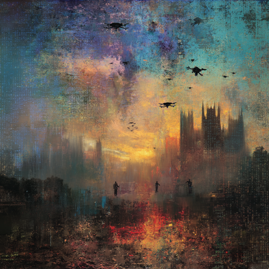 A futuristic cityscape with drones overhead, shattered crown jewels, digital walls dissolving into code, and a glimmer of peace in a turbulent sky