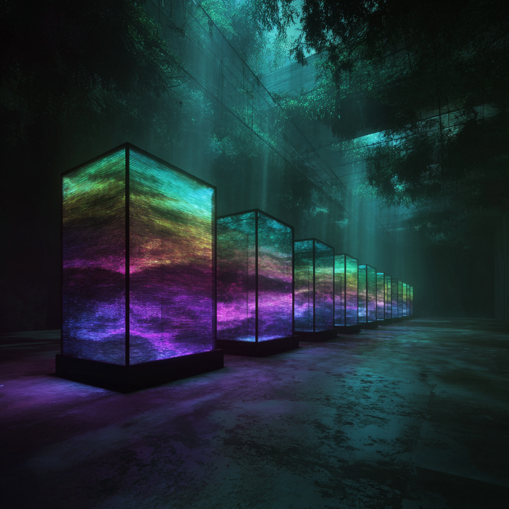 A futuristic museum with empty display cases glowing under neon lights, digital streams of data swirl around rare earth crystals, in the midst a dense rainforest fades into oil drills