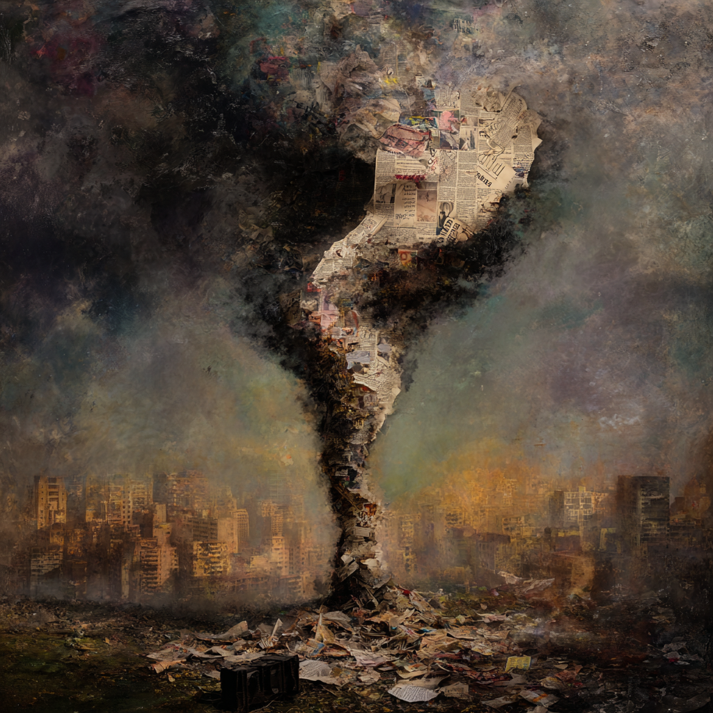 A melting newspaper transforms into tangled AI circuits, as protest banners, missiles, and ancient relics emerge from swirling digital mist, blending old news and future technology in an enigmatic cityscape