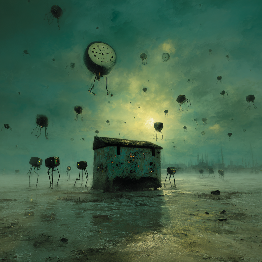 A storm of digital numbers swirling above a frozen treasure chest guarded by robotic drones, under a smoggy green sky scattered with melting clocks