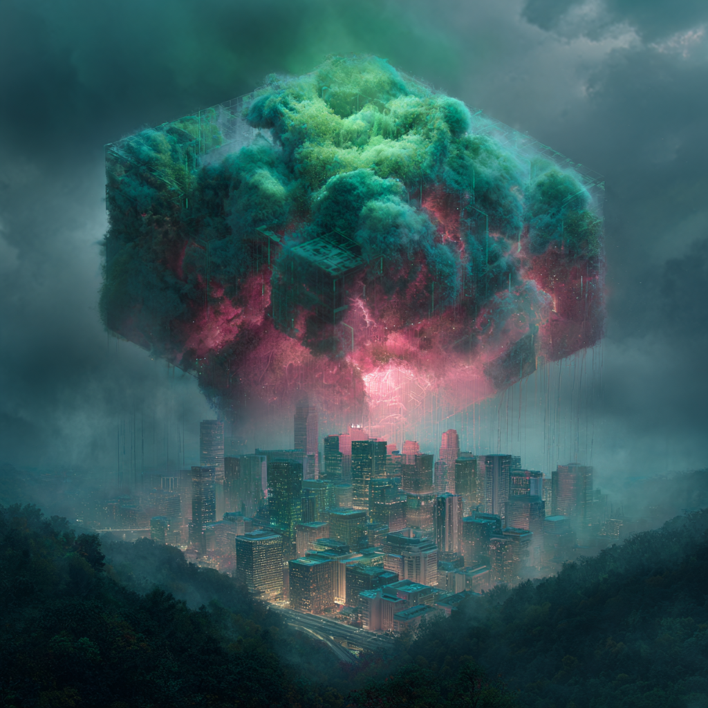A surreal cityscape with AI-infused science, frozen assets in a glowing vault, war-torn borders, and climate targets shifting in digital green clouds.