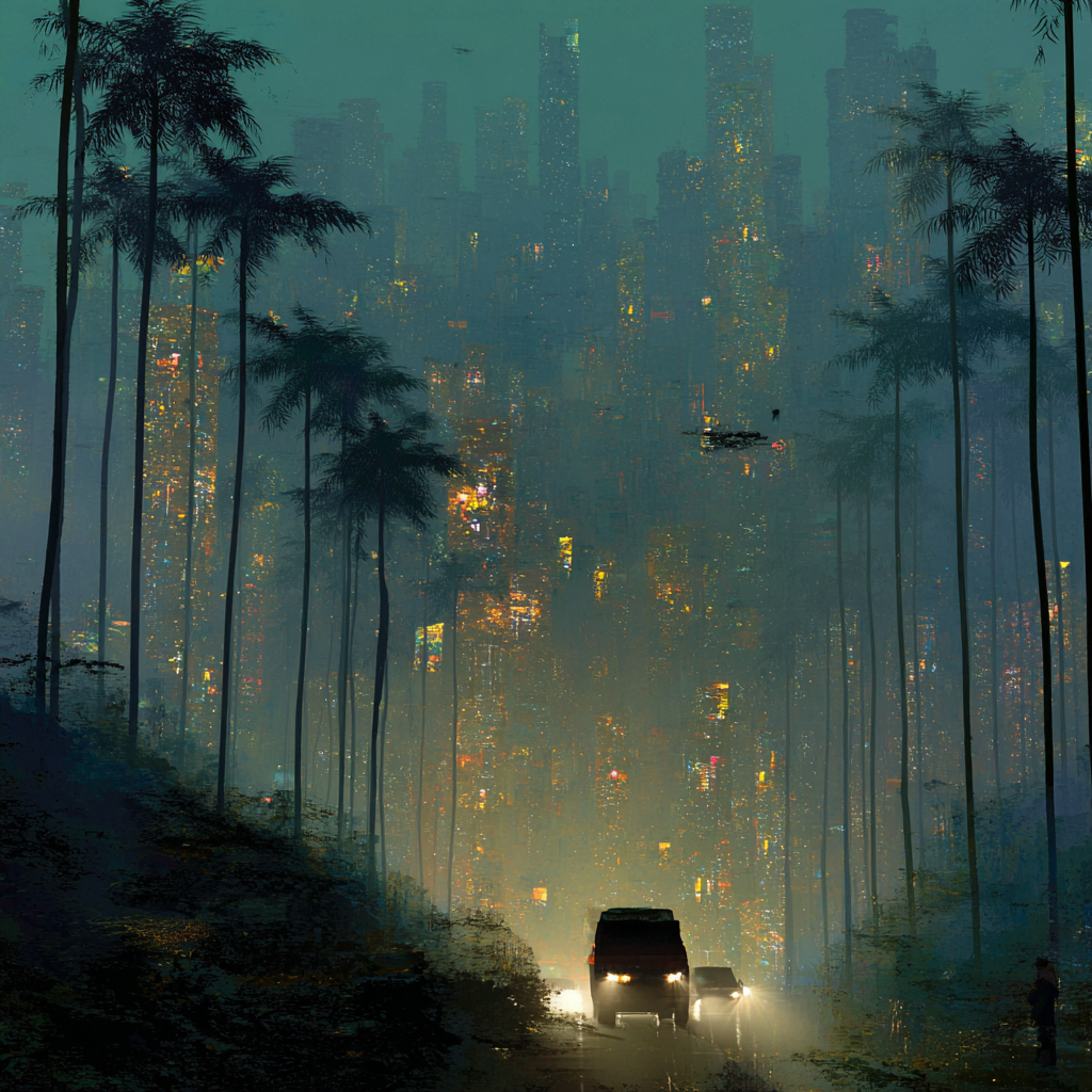 A surreal scene of stolen ancient treasures, oil drilling in the Amazon, rare earth cooperation and festival lights weaving through a futuristic jungle city