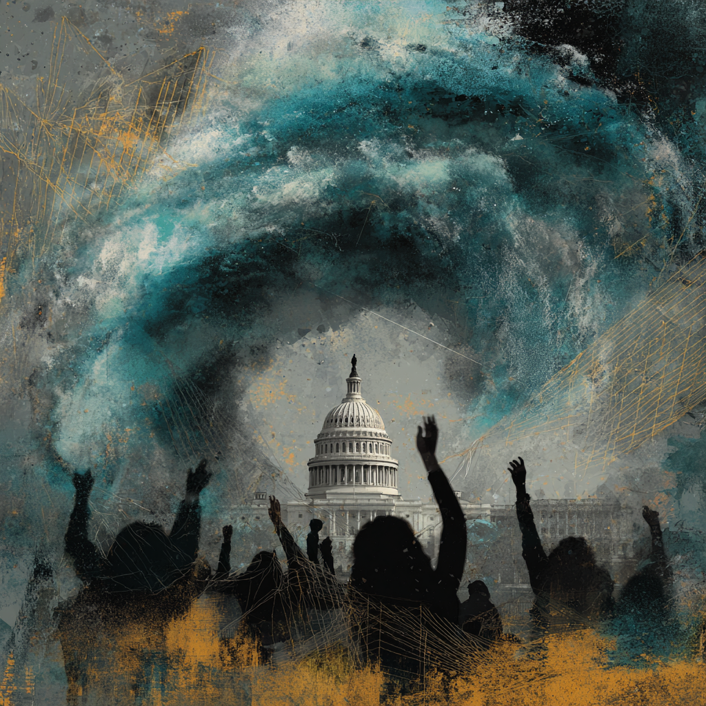 A swirling protest of climate activists in front of a parliament, hurricane clouds looming above, shattered jewels floating in midair, digital connections bridging continents