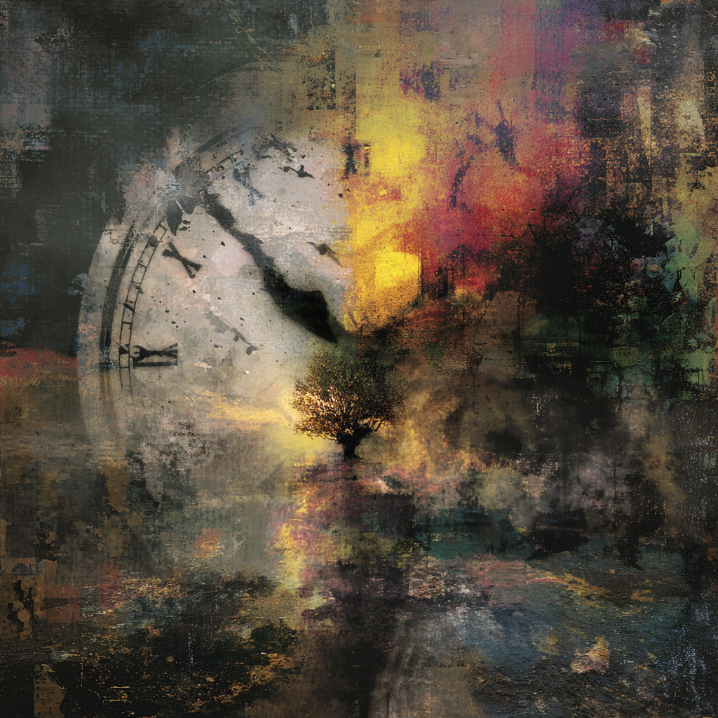 An abstract clock melting over digital code, precious jewels floating through clouds, drones swarming an airport, a shaky olive branch in twilight, deep shadows and glimmers of hope