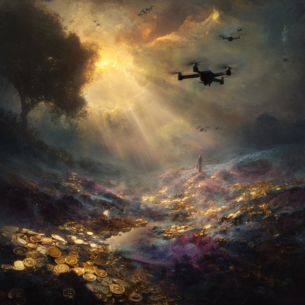 Frosty digital landscape with icy coins melting under shifting sunlight towering drones patrol the skies AI-generated trees grow books as leaves violet social networks form intricate roots underground