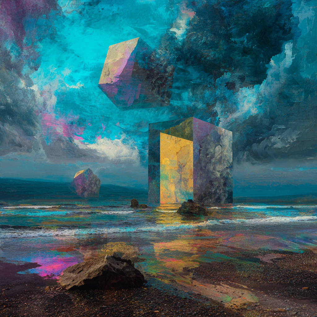 Gleaming stolen jewels floating above a turbulent sea under digital storm clouds, monument ruins in the background, sharp contrasts and vibrant colors, hinting at chaos and unresolved tension